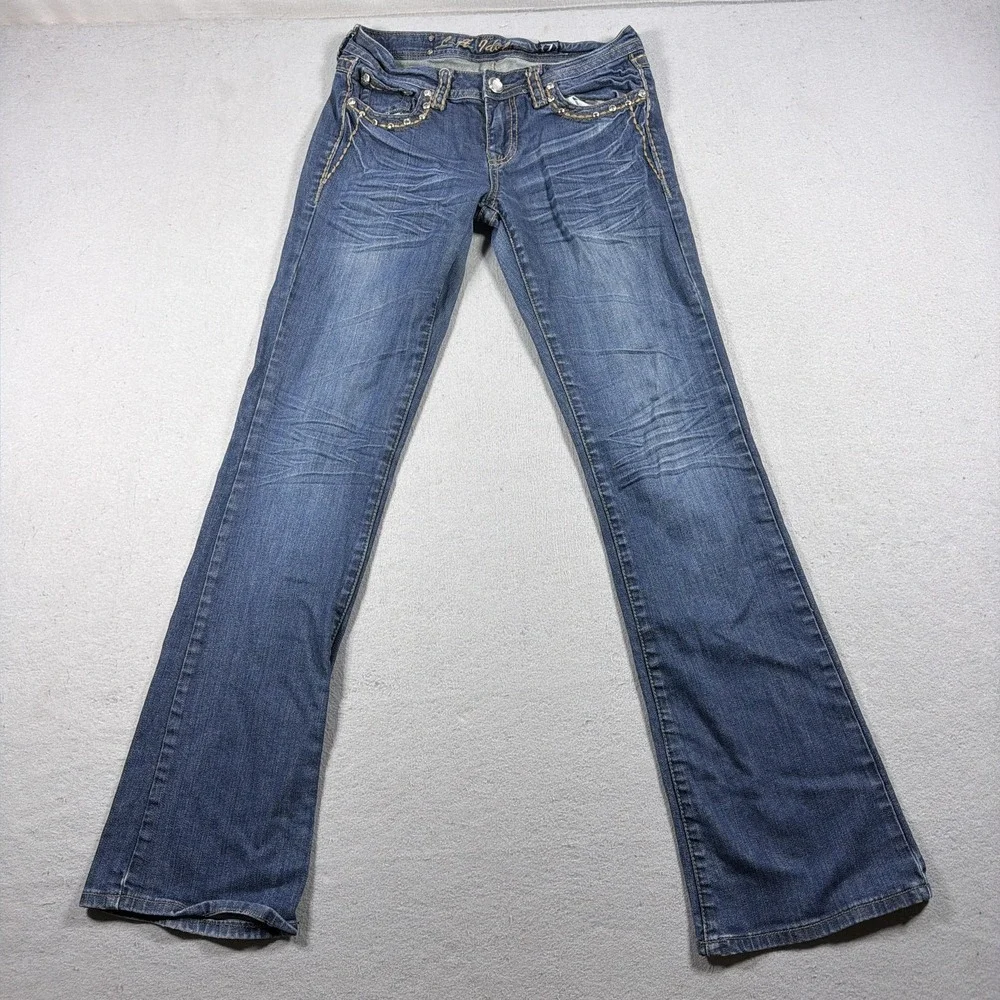 LA Idol USA Jeans Women 7 Bootcut Blue Rhinestone Low Rise Studded Denim Y2K